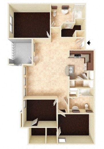 Floor plan for 3 beds, 2 baths, 1251 sqft